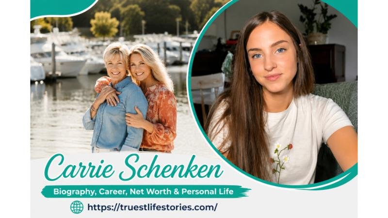 Carrie Schenken biography featured image with Amanda Bearse and a circular portrait for Truest Life Stories.