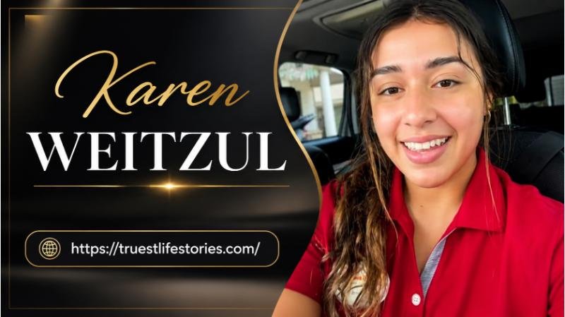 Karen Weitzul smiling in a professional featured image with a premium black and gold design for True Stlife Stories.