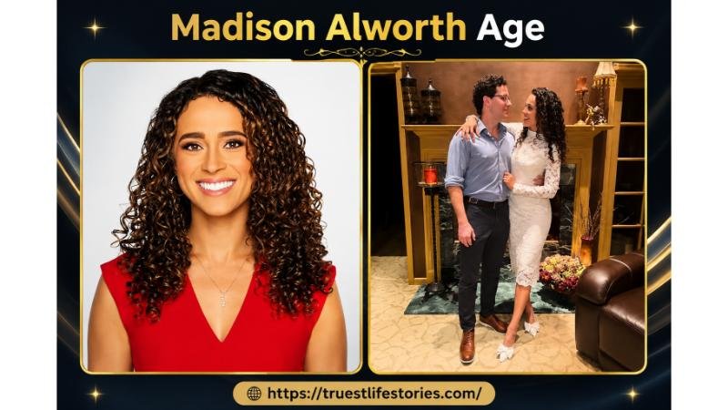 Madison Alworth Age with stylish red dress portrait and couple photo