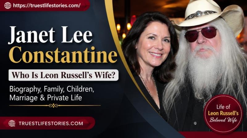 Janet Lee Constantine, wife of Leon Russell, featured in a biography banner about her family and private life.