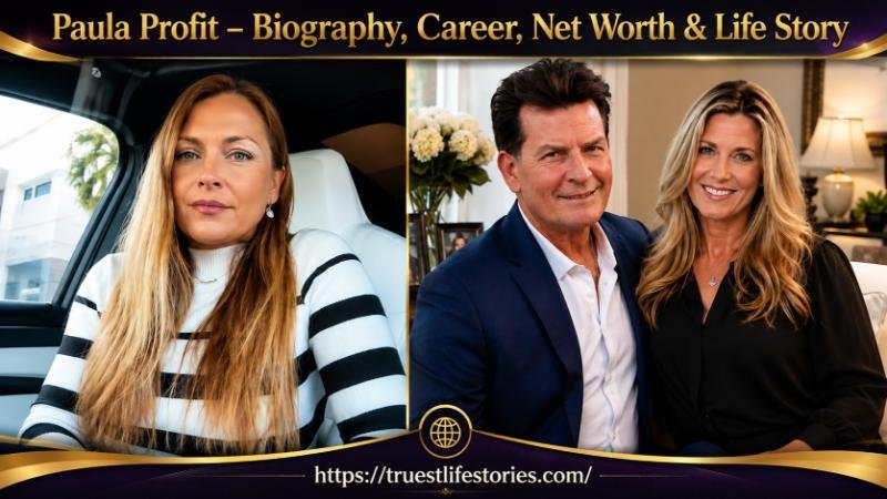 Paula Profit biography featured image with Charlie Sheen, highlighting her life, career, family, and net worth.