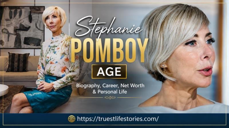 Stephanie Pomboy age collage featuring two professional portraits with biography, career, net worth, and personal life information.